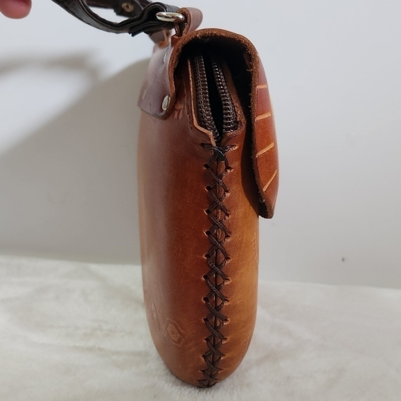 Owl Eyes Tan Genuine Cowhide Leather Crossbody Shoulder Bag Pouch Purse - Picture 10 of 12